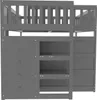 A grey loft bed with drawers and shelves underneath, shown from the front. Náhled obrázku produktu