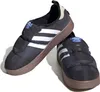 A pair of black Adidas Puffylette sneakers with white stripes and brown soles are shown against a white background. Podgląd zdjęcia produktu