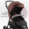 Close-up view of a burgundy stroller, highlighting its features with text overlays. Náhľad obrázku produktu