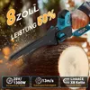 A person is using a mini chainsaw to cut a log. There are graphics and text overlays highlighting product features. Produktbild-Vorschau