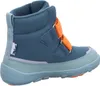 A side view of a teal and light green children's boot with orange velcro straps. Náhľad obrázku produktu