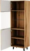 An open cabinet with wooden shelves and white doors. Náhled obrázku produktu
