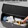 A hand is placing a ratchet strap into an open black trailer tongue box filled with various items. Anteprima dell’immagine prodotto