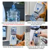 A collage of four images showing how to set up and use a penguin-shaped water dispenser. Produktbild-Vorschau