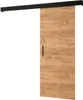 A sliding door with a wood grain finish and a black handle, mounted on a black track. Produktbild-Vorschau