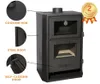 A black wood-burning stove with labels pointing out its features. Produktbild-Vorschau