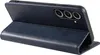 A blue leather flip case for a smartphone is shown from a side angle, with the phone's camera array visible. Produktbild-Vorschau