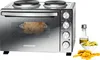 A stainless steel oven with two stovetop burners, a rotisserie chicken inside, and a small bottle of oil and bowl of food next to it. Produktbild-Vorschau