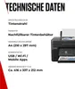 A product image with technical specifications and a printer. Produktbild-Vorschau