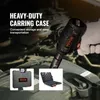 A hand in a work glove is holding a power tool over a car engine. Insets show a closed carrying case and an open carrying case filled with tools. Produktbild-Vorschau