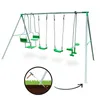 A swing set with multiple swings and a see-saw attachment, shown against a white background. An inset diagram illustrates how to anchor the swing set into the ground. Produktbild-Vorschau