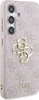 A close-up side view of a pink phone case with a repeating Guess logo pattern and a gold Guess logo emblem. Produktbild-Vorschau