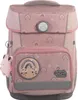 A pink school backpack with rainbow and star patterns, featuring a pink frog keychain. Voir les images du produit