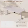 A white adjustable height desk with dimensions indicated and two close-up shots of the desk's features. Náhled obrázku produktu