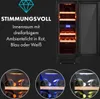 A wine cooler with text describing its features and three circular insets showing the interior lighting in different colors. Produktbild-Vorschau