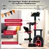 A gothic-themed cat tree with two black cats is shown in a living room setting, with promotional text highlighting its features. Produktbild-Vorschau