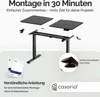 An exploded view of a black height-adjustable desk frame with two black desktop pieces, showing assembly components and instructions. Anteprima dell’immagine prodotto