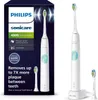 A product box and the electric toothbrush it contains, along with an extra brush head and charging base. Produktbild-Vorschau