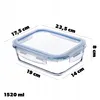 A glass food storage container with a blue lid, shown with dimensions indicated by text overlays. Anteprima dell’immagine prodotto