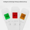 Three white digital thermometers are shown side-by-side, each displaying a different temperature and backlight color. Produktbild-Vorschau