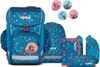 A set of school supplies including a backpack, pencil case, and other accessories, all featuring a blue background with a polka dot pattern. Produktbild-Vorschau