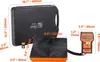 A collage showing a digital scale, its case, a remote control, and battery, with dimensions indicated. Voir les images du produit