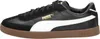 A side view of a single black Puma sneaker with a white stripe and a brown sole. Voir les images du produit