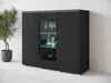 A black sideboard with a glass display section, featuring glassware and bottles, placed next to a potted plant. Voir les images du produit