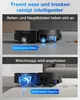 A split image showing a robotic vacuum cleaner demonstrating its features. Produktbild-Vorschau