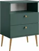 A green nightstand with gold legs and drawer pulls, shown against a white background. Produktbild-Vorschau