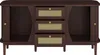 A dark brown wooden sideboard with three rattan-fronted drawers and two side cabinets, presented on a white background. Podgląd zdjęcia produktu