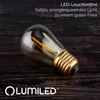 A vintage-style LED light bulb with a gold base rests on a dark wooden surface. Produktbild-Vorschau