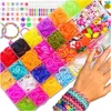 A collection of colorful rubber bands and accessories for making bracelets, with a hand wearing a finished bracelet. Produktbild-Vorschau