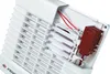 A close-up view of the internal components of a white ventilation fan, showing red wires and a red switch. Produktbild-Vorschau