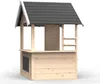 A wooden playhouse with a gray roof, presented on a white background. Produktbild-Vorschau