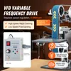 A belt sander with a control unit and marketing text highlighting its features. Voir les images du produit