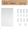 A product shot of a white pleated blind and its accessories, with packaging in the background. Produktbild-Vorschau