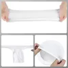 A collage of three images showing a white, stretchy fabric being pulled taut, a close-up of a white thong-like item, and a white pool skimmer basket with a white sock being fitted onto it. Produktbild-Vorschau