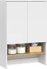 A white cabinet with two doors and a wooden shelf below, displaying two jars and a tissue box. Produktbild-Vorschau