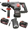 A cordless hammer drill with accessories, including batteries and a charger, laid out on a white background. Podgląd zdjęcia produktu