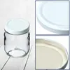 A collage of images showing a glass jar with a white lid, with close-ups of the lid. Podgląd zdjęcia produktu