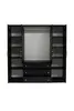An open black wardrobe with shelves and drawers, against a white background. Produktbild-Vorschau