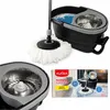 A collage of images showing a rotating mop and bucket set, a close-up of the bucket's spinner, and the product's packaging. Podgląd zdjęcia produktu