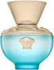 A close-up studio shot of a blue Versace perfume bottle with a gold cap and emblem. Anteprima dell’immagine prodotto