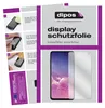 A collage of images showing instructions for applying a screen protector and a product shot of the screen protector next to a phone. Produktbild-Vorschau