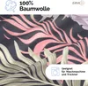 A close-up of a floral patterned fabric, likely bedding, with text overlays indicating material and care instructions. Produktbild-Vorschau