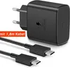 A black USB-C fast charger and two USB-C cables are shown against a white background. Produktbild-Vorschau
