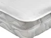 A close-up view of a white quilted mattress protector with elastic straps on a mattress. Produktbild-Vorschau