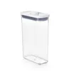 A clear, studio shot of a rectangular food storage container with a white lid and a gray seal. Produktbild-Vorschau