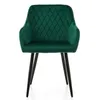 A green velvet chair with diamond quilting and black legs, shown from the front on a white background. Podgląd zdjęcia produktu
